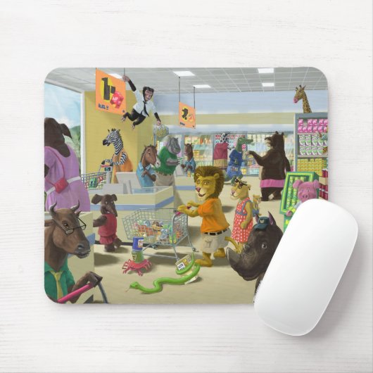 スーパーマーケットで彼らのショッピングをしている動物 マウスパッド (マウス)