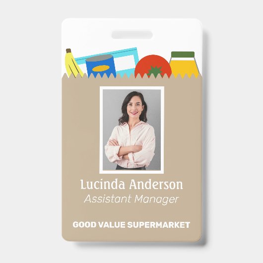 スーパーマーケットスーパーの従業員写真ID バッジ (正面)