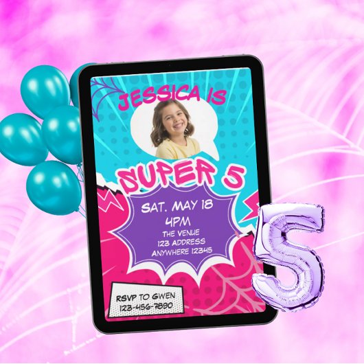 スーパー5 ピンク パープル ウェブコミック 5歳の誕生日 招待状