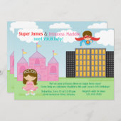 スーパー ヒーローとプリンセスの双子の合同誕生日パーティー 招待状 (正面/裏面)
