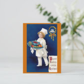 スープおよびフルーツの感謝祭の深皿を持つシェフ シーズンポストカード (スタンド正面)