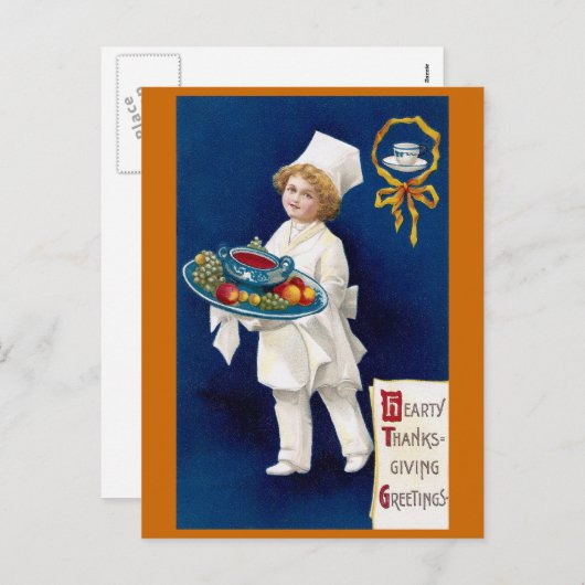 スープおよびフルーツの感謝祭の深皿を持つシェフ シーズンポストカード (正面/裏面)