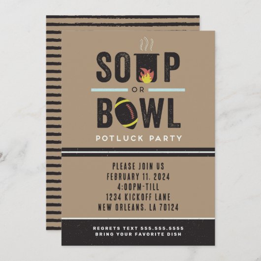 スープまたはボウルのサッカーポットラックパーティの招待状 招待状 (正面/裏面)