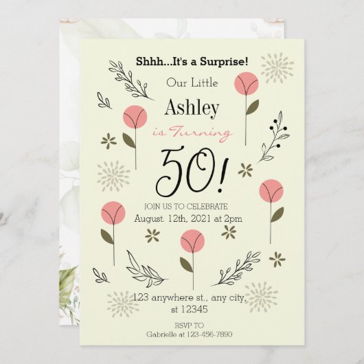 スープエレガントライズフローラ50番目の誕生日招待状 招待状 (正面/裏面)