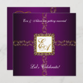 ズカップ結婚ルシャワー招待状パープル金ゴールドリーフ 招待状 (正面/裏面)