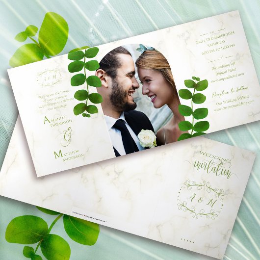 ズグリーン結婚シック招待状 三つ折りカード