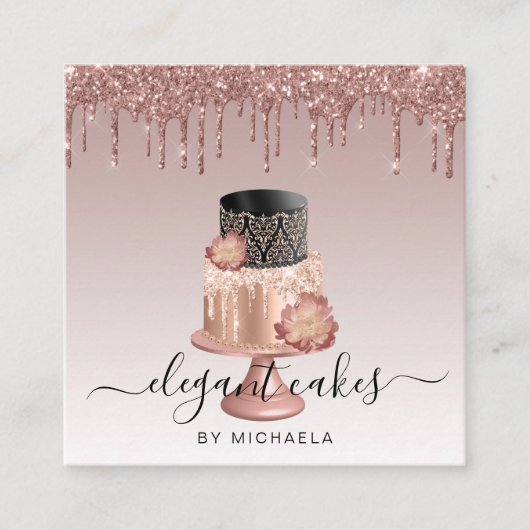 ズケーキ結婚グリッタードリップバラ金ゴールドベーカリー スクエア名刺 (正面)