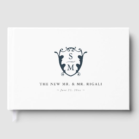 ズゲストブックモノグラム結婚クレストネイビーブルー ゲストブック (正面)