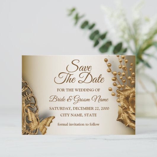 ズゴールデン結婚ベージュフローラ蝶ヴィンテージ セーブザデート (スタンド正面)