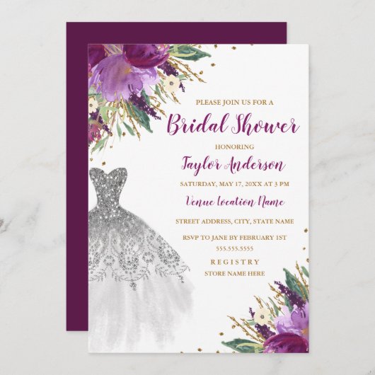 ズドレ結婚スグリッターアメジストブライダルシャワー 招待状 (正面/裏面)