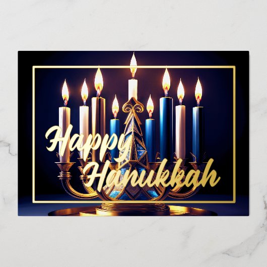 ズハヌカ絵画ー（ユダヤ教）メノラーブルー金ゴールド 箔シーズンカード (正面)