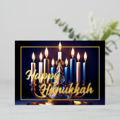 ズハヌカ絵画ー（ユダヤ教）メノラーブルー金ゴールド 箔シーズンカード (立ち正面)