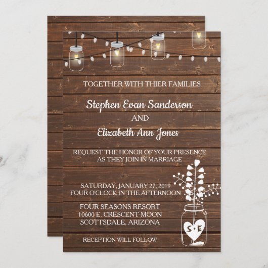 ズバ結婚ンメイソンジャークラシックウッドラ素朴イツ 招待状 (正面/裏面)