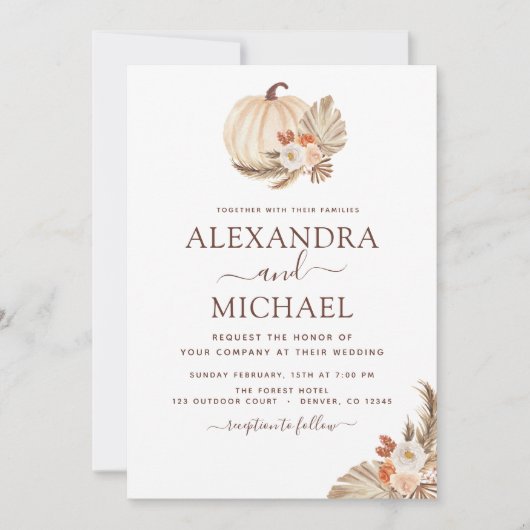 ズパンパスグラス結婚テラコッタホワイトパンプキン 招待状 (正面)