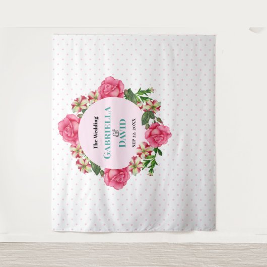 ズピンク結婚ローズレッドホワイトペチュニア水玉模様 タペストリー (正面)