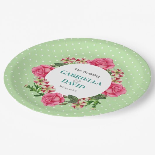 ズピンク結婚ローズレッドホワイトペチュニア水玉模様 ペーパープレート (アングル)