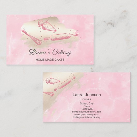 ズピ転がン&ウィスクカップケーキベーカリー赤面ピンク 名刺 (正面/裏面)