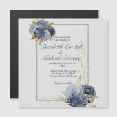 ズフラットダスティ結婚ブルー金ゴールド結婚式招待状 (正面/裏面)