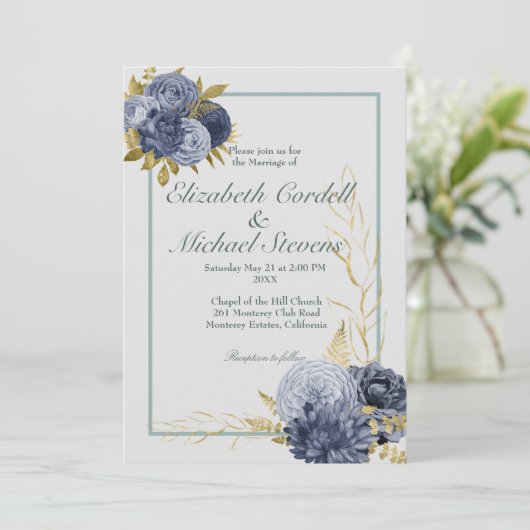 ズフラットダスティ結婚ブルー金ゴールド結婚式招待状 案内状 (スタンド正面)