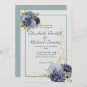 ズフラットダスティ結婚ブルー金ゴールド結婚式招待状 案内状 (正面/裏面)