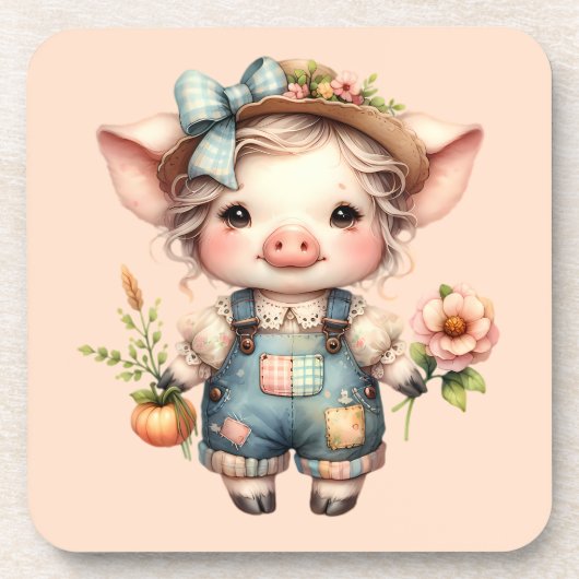 ズボンと花を身に着けたかわいいファームコアの豚 コースター (正面)