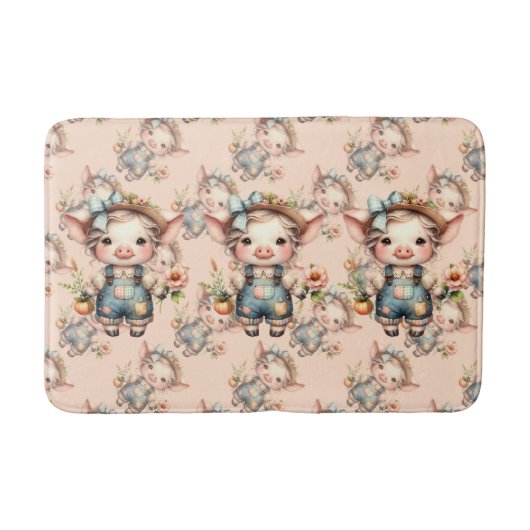 ズボンと花を身に着けたかわいいファームコアの豚 バスマット (正面)