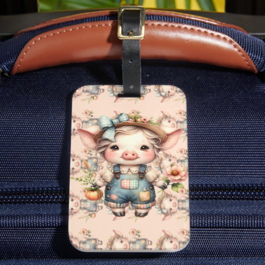ズボンと花を身に着けたかわいいファームコアの豚 ラゲッジタグ (正面インサイチュ2)