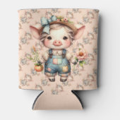 ズボンと花を身に着けたかわいいファームコアの豚 缶クーラー (正面)