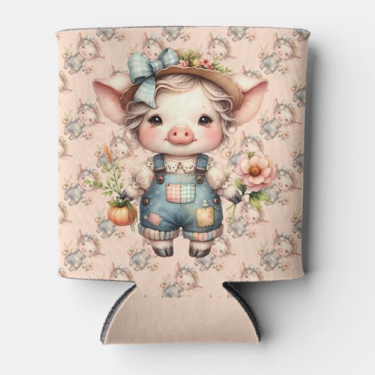 ズボンと花を身に着けたかわいいファームコアの豚 缶クーラー (正面)