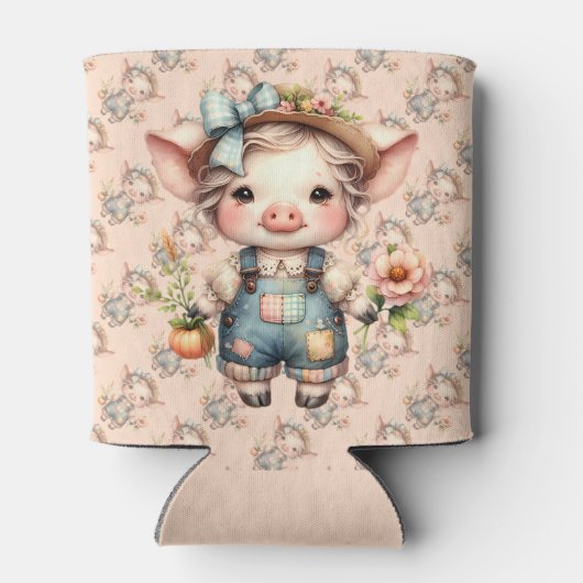 ズボンと花を身に着けたかわいいファームコアの豚 缶クーラー (裏面)