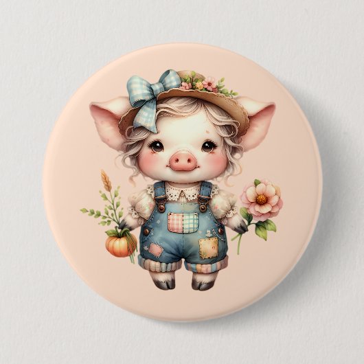 ズボンと花を身に着けたかわいいファームコアの豚 缶バッジ (正面)