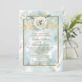 ズミント結婚ティール（緑がかった色）金ゴールド大理石バラフローラ 招待状 (スタンド正面)