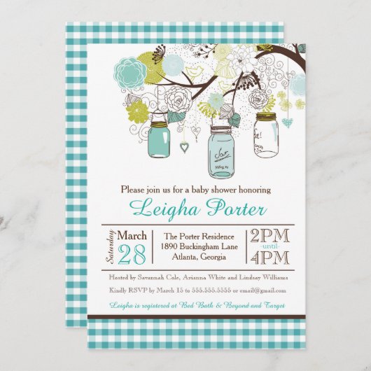 ズメイソンぶら下がったジャーズベビーまたはブライダルシャワー招待状 招待状 (正面/裏面)