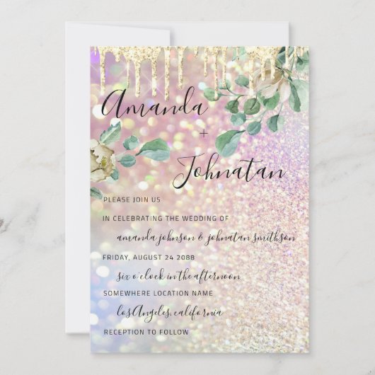 ズモノグラム結婚ドリップス花模様ミントグリッターバラ 招待状 (正面)