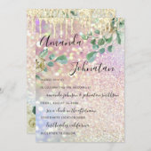 ズモノグラム結婚ドリップス花模様ミントグリッターバラ 招待状 (正面/裏面)