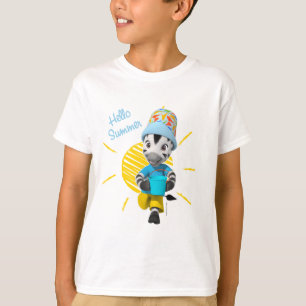 ズーのこんにちは夏の愛らしい男の子のシマウマ Tシャツ