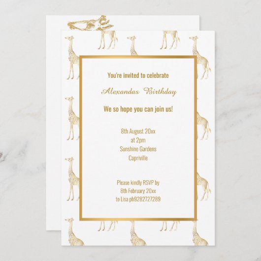 ズームをテーマにした金ゴールドキリン誕生日招待状 招待状 (正面/裏面)
