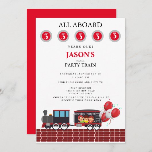 ズームバーチャル子供パーティ電車年齢誕生日 招待状 (正面/裏面)
