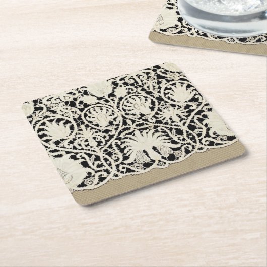 ズ結婚アンティークレースリネンホワイトクラシックかわいらし スクエアペーパーコースター (アングル)