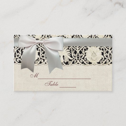 ズ結婚アンティークレースリネンホワイトクラシックかわいらし プレイスカード (正面)