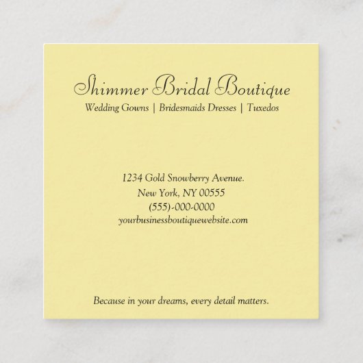 ズ結婚ブライダルバタフライドレスブティック スクエア名刺 (裏面)