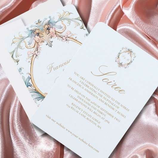 ズ結婚リージェンシーブルーモノグラムエレガント招待状 出欠カード