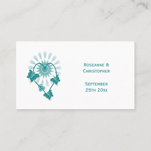 ズ結婚座席表ティール(緑がかった色)蝶ハート プレイスカード (裏面)