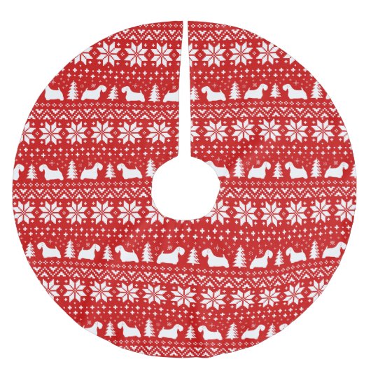 セアリハムテリアシルエットのクリスマスパターン ブラッシュドポリエステルツリースカート (正面)