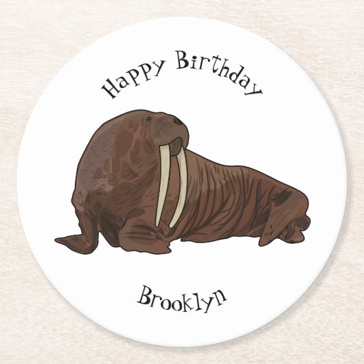 セイウチの漫画イラストレーション ラウンドペーパーコースター (正面)