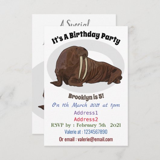 セイウチの漫画イラストレーション 招待状 (正面/裏面)