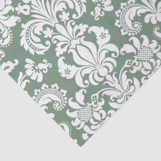 セイジエレガントグリーンの上の白いフローラダマスク 薄葉紙 (詳細)
