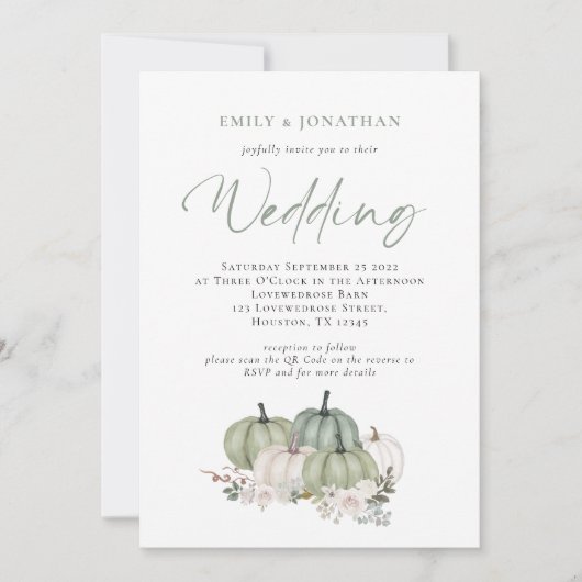 セイジ パンプキン フラワーズ QR コード ウェディング 招待状 (正面)
