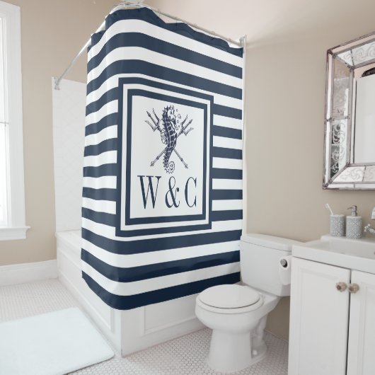 セイホース モノグラム ネイビーブルー ストライプ 航海 シャワーカーテン (インサイチュ)