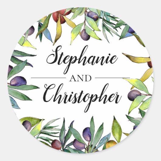 セイボリーオリーブのトスカーナ結婚の水彩印 ラウンドシール (正面)